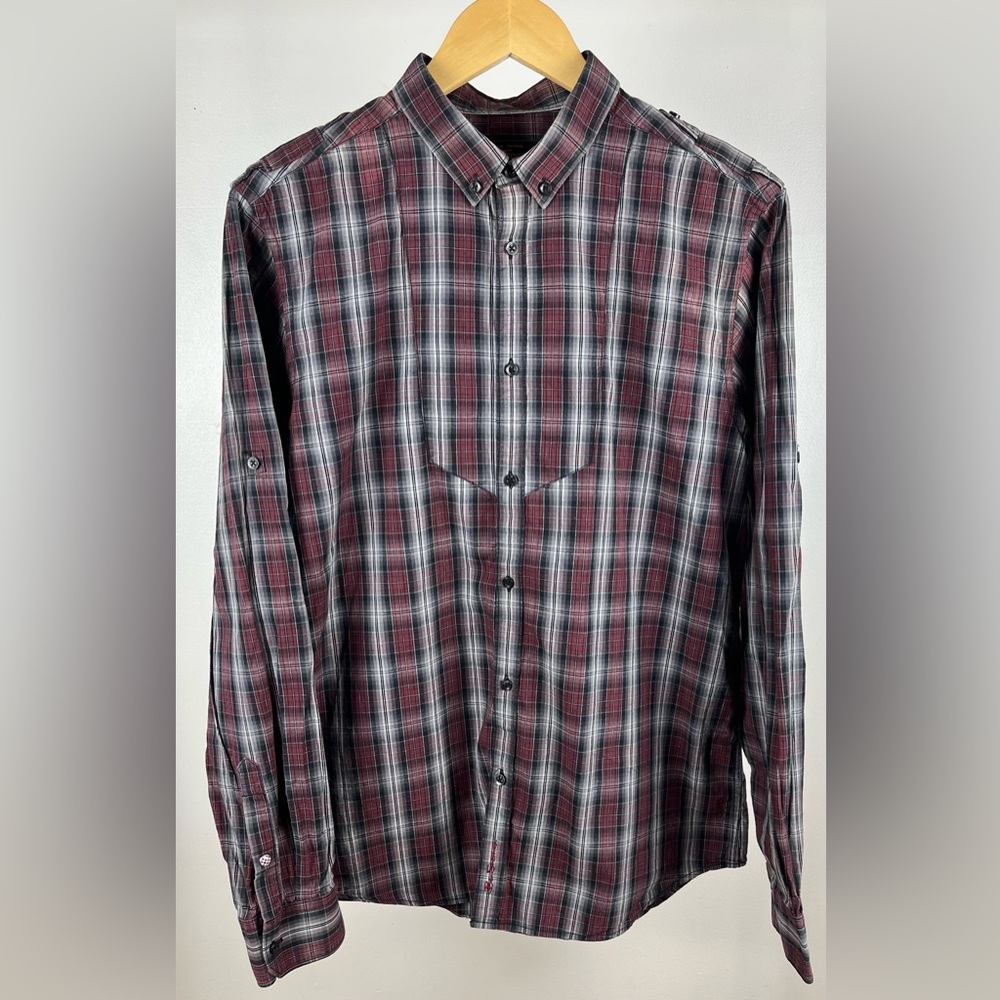 Ben Sherman Plaid Shirt Large Red Maroon Gray Long Sleeve Button Down Shirt